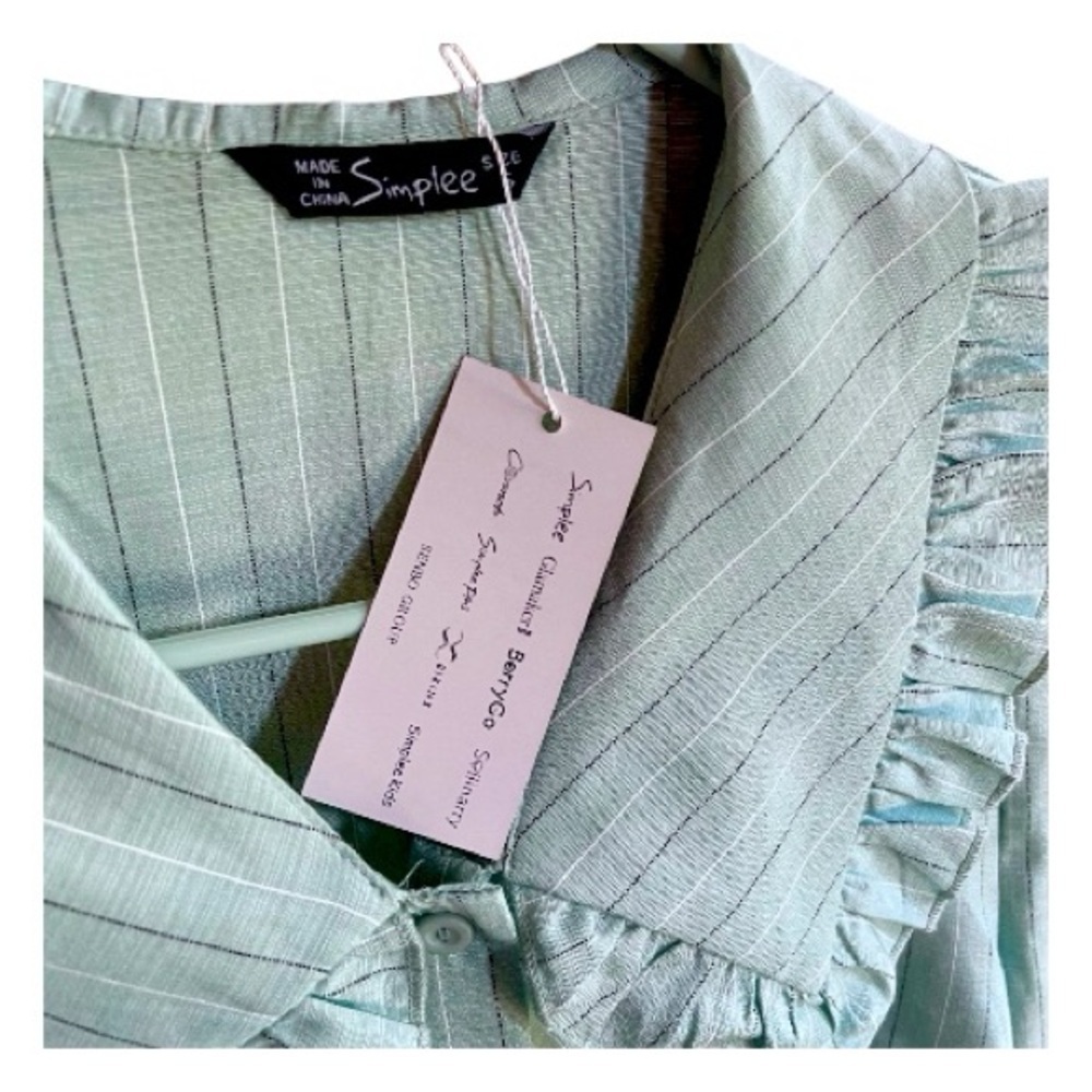 NWT Mint Green Pinstripe Peter Pan Ruffled Collar Blouse Pleated Long Sleeves S - Picture 3 of 5